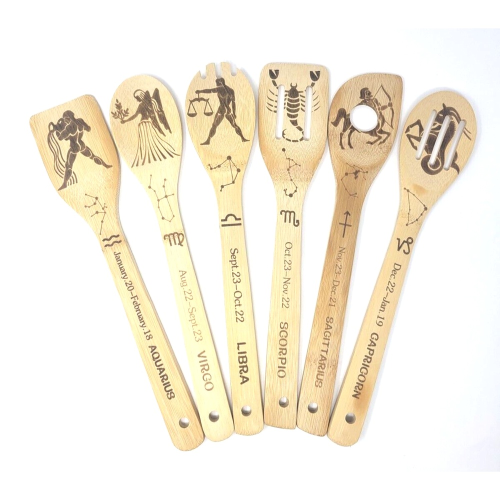 6-Piece Bamboo Kitchen Utensil Set Engraved Zodiac Astrology Horoscope Decor